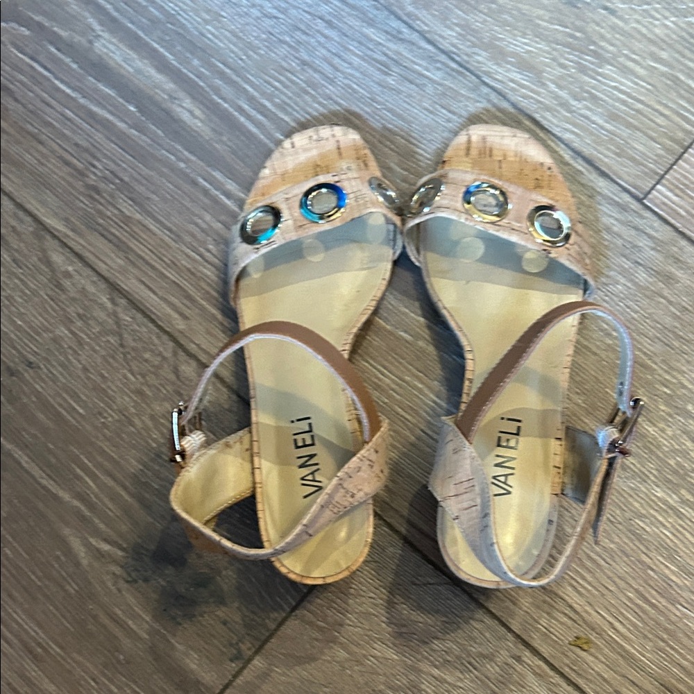 Vaneli Beige Sandals with Colorful Gem Accent